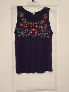 Women's Sz L Adiva Navy Blue Sleeveless Top with Bright Floral Embroidery